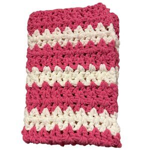 Crochet Baby Blanket Handmade Pink & White 32 X 34" Baby Girl Gift Bernat Yarn